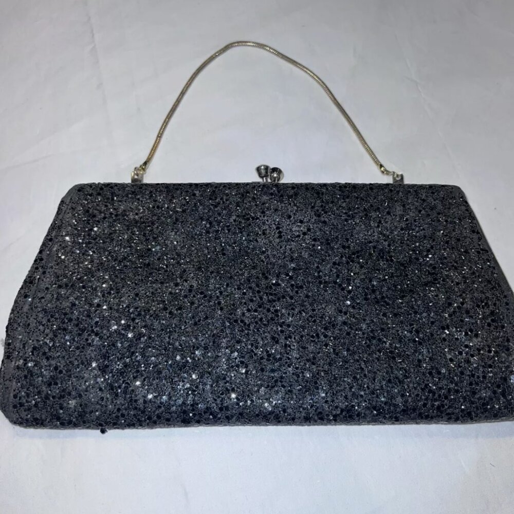 Old Vtg Evening‎ Dinner Party Style Black Sparkly Clutch Purse Pocketbook